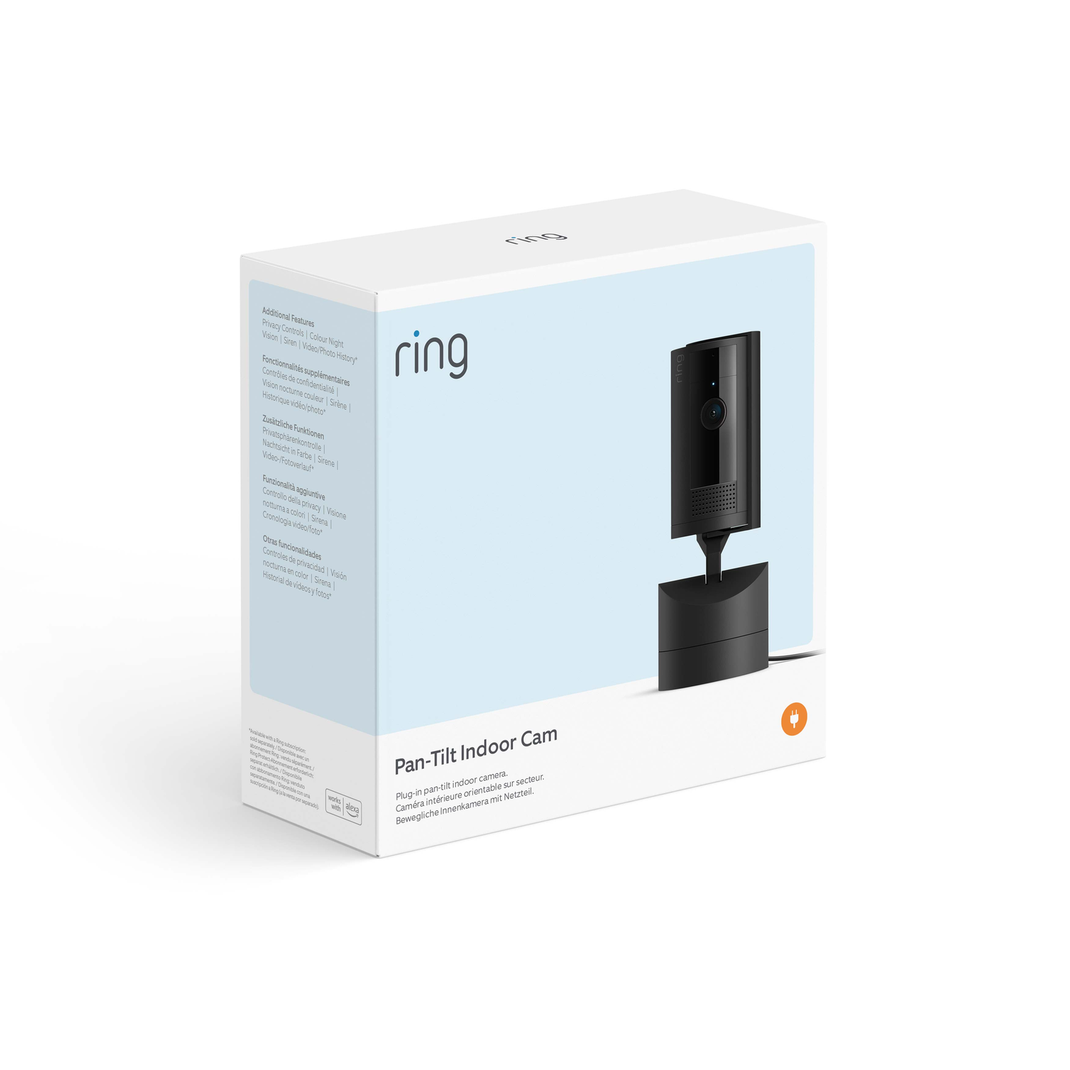 A white box for a Ring security camera with a black camera and a white stand.