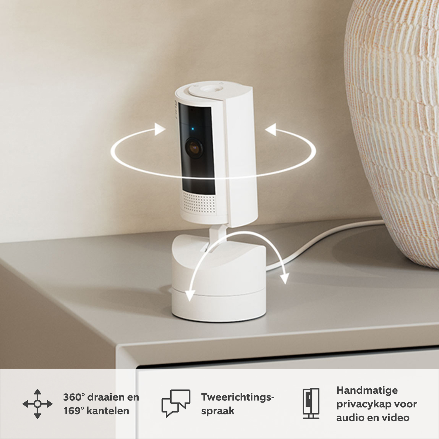 White security camera on a stand. Arrows indicate 360° rotation and 169° tilt.