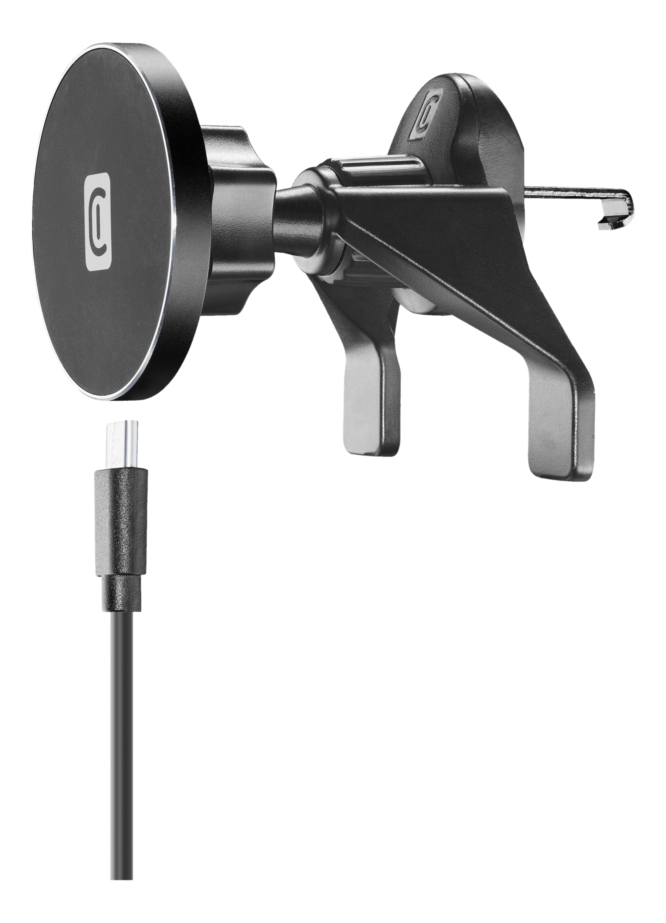 Schwarzer magnetischer Telefonhalter mit USB-C-Kabel. Der Halter hat einen runden Magnetteil.
