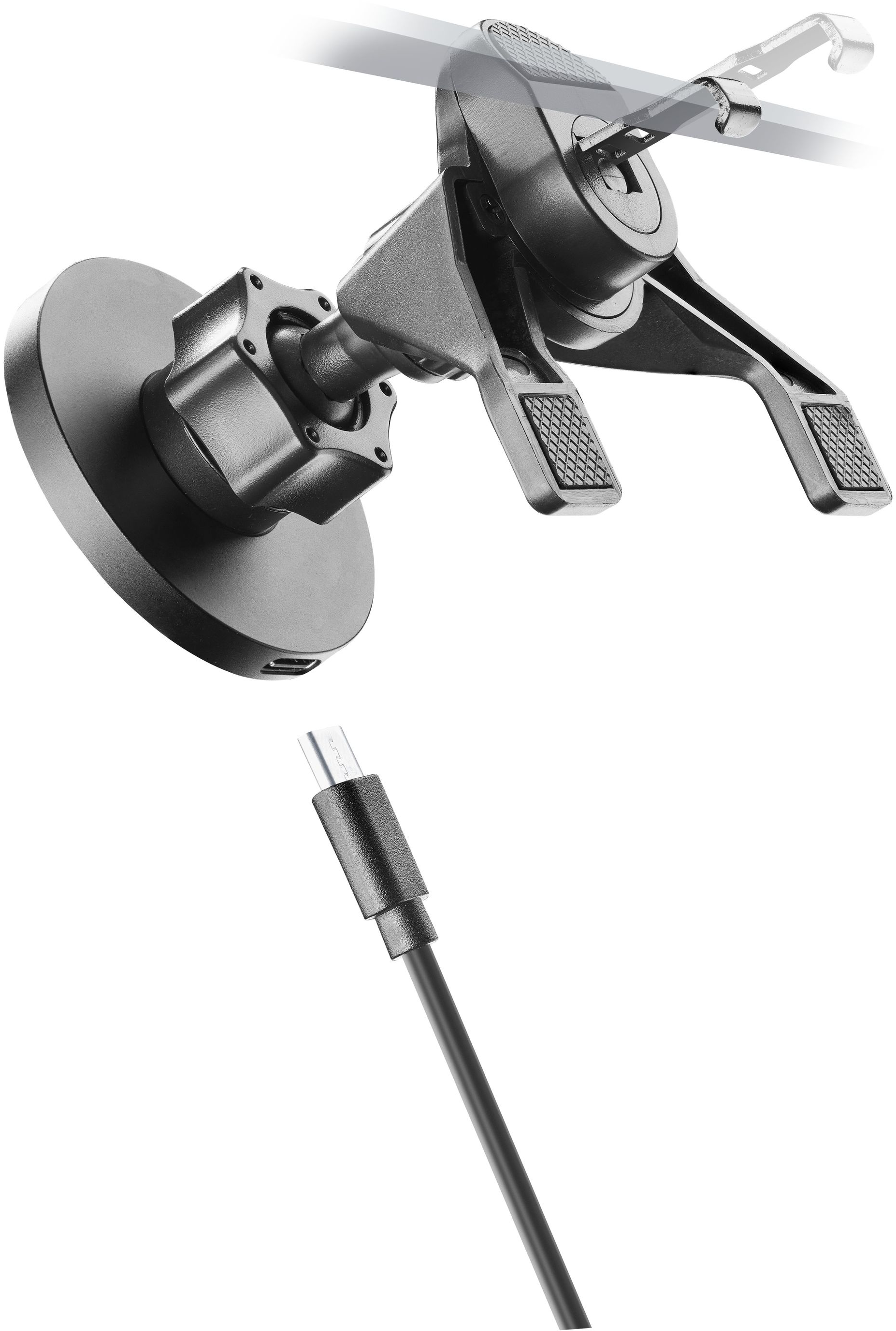 Eine Telefonhalterung und ein Ladekabel. Die Halterung ist schwarz mit einem Saugnapf.