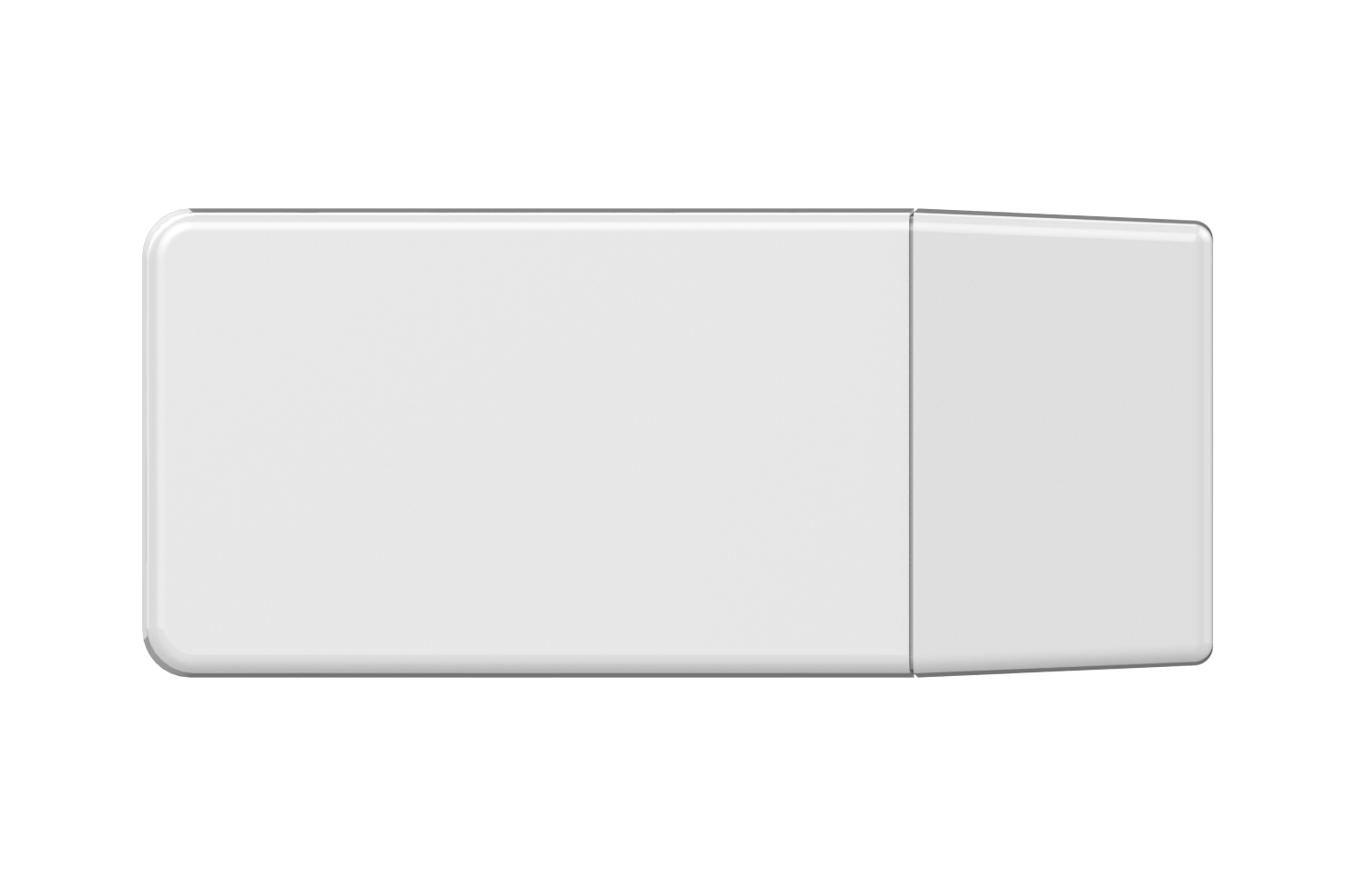 Una unidad USB blanca sobre un fondo negro. Tiene forma rectangular y una tapa.