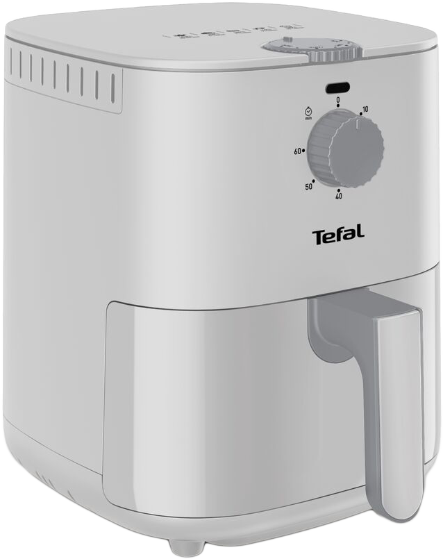 Fehér Tefal légkeveréses fritőz fogantyúval, időzítő tárcsával és digitális kijelzővel.