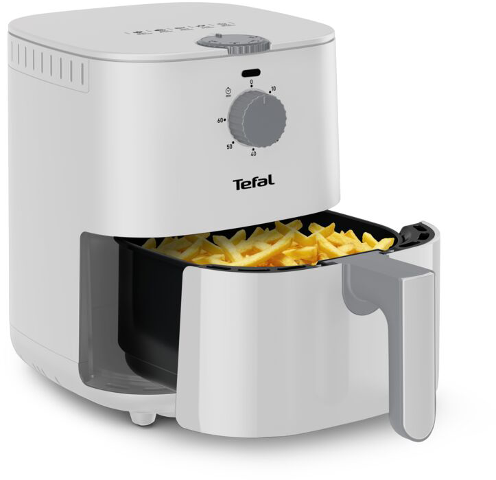 Fehér Tefal forrólevegős fritőz sült krumplival, fehér háttérrel.