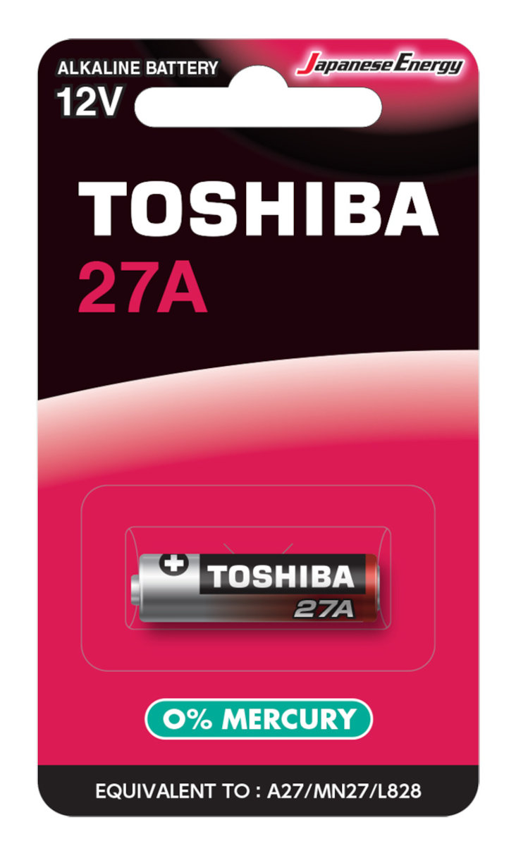 Bateria alkaliczna Toshiba 27A w blistrze. Opakowanie jest czerwono-białe z czarnym tekstem.