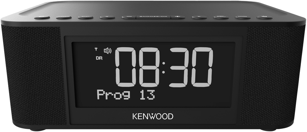 Sveglia digitale Kenwood nera che mostra 08:30, DR e Prog 13.