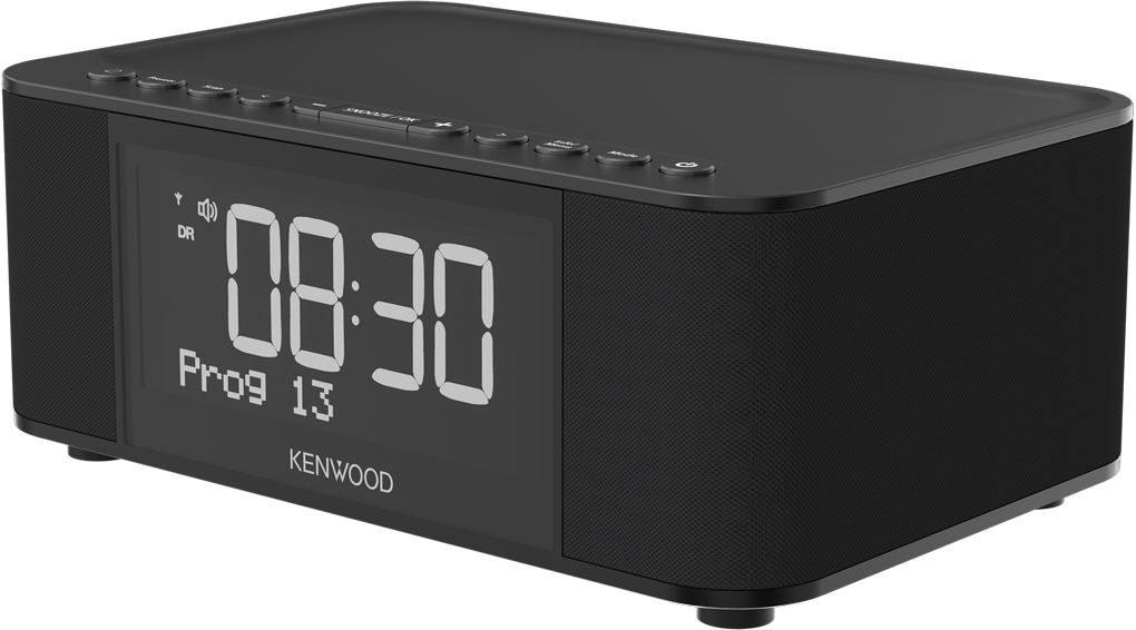 Una sveglia digitale nera che mostra l'ora 08:30. La parola KENWOOD è sotto.
