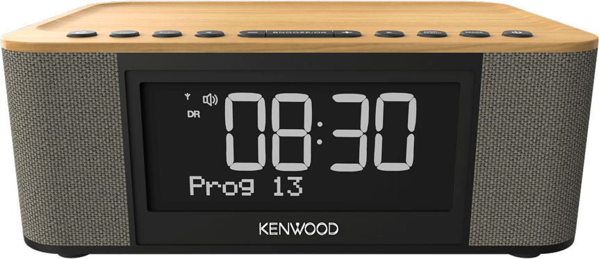 Radiosveglia con parte superiore in legno mostra 08:30 e Prog 13 su schermo nero.