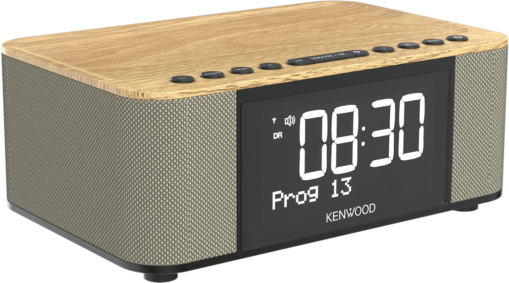Sveglia digitale che mostra le 08:30. Parte superiore in legno, pulsanti neri, lati in rete argentata. Testo: KENWOOD e Prog 13.