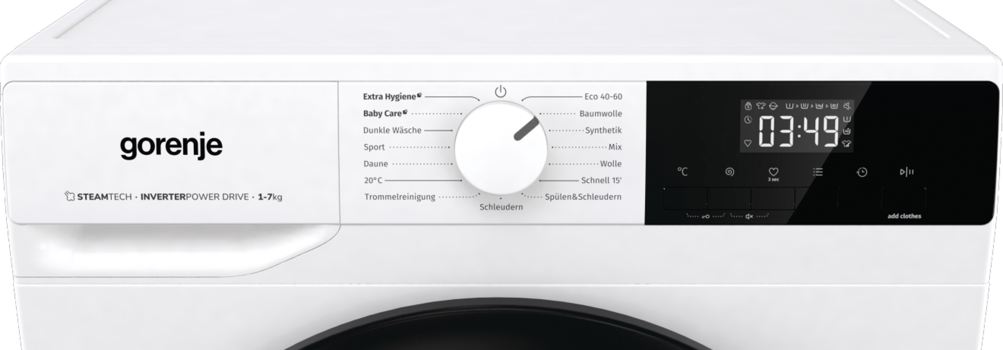 Ein weißes Gorenje Waschmaschinen-Bedienfeld mit Zeitanzeige und Einstellungen.
