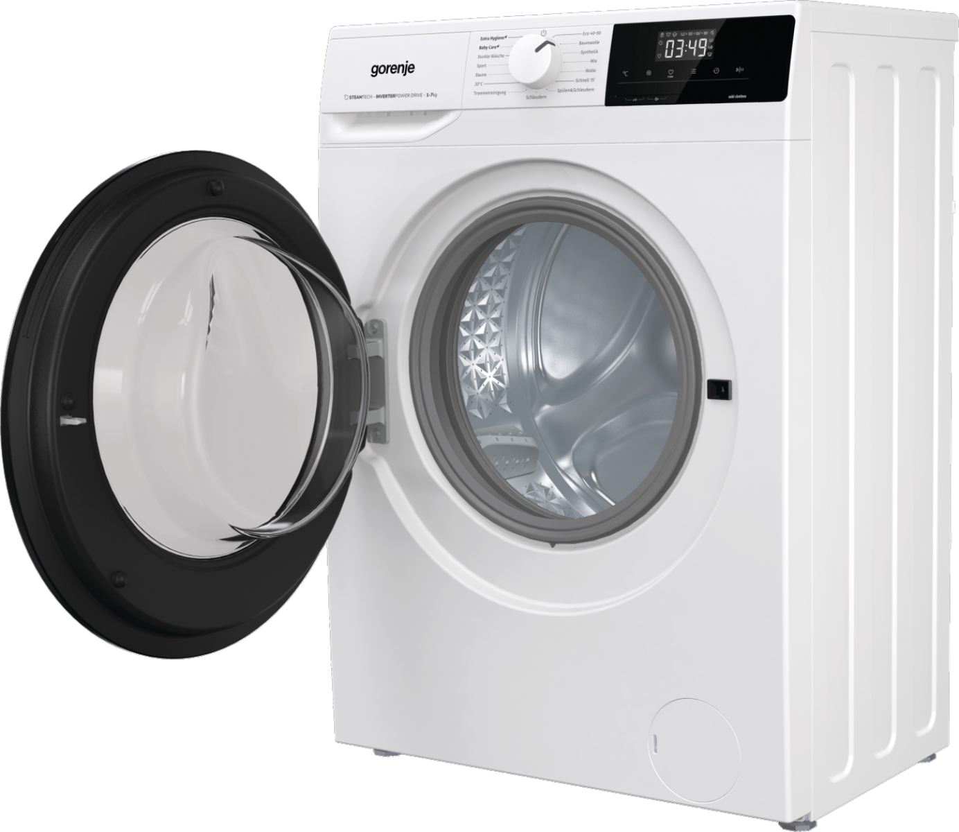 Eine weiße Gorenje Waschmaschine mit offener Tür, die die Trommel zeigt. Das Display zeigt 03:49.