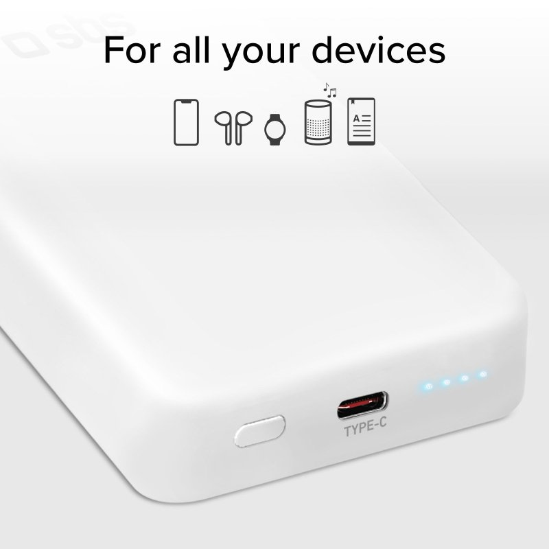 Biały power bank z ikonami urządzeń i portem Type-C z niebieskimi światłami.