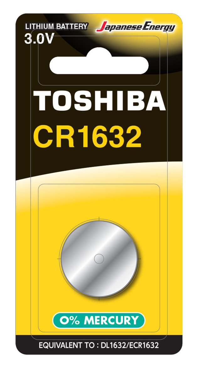Bateria litowa Toshiba CR1632 w żółto-czarnym blistrze. Bateria jest srebrna.