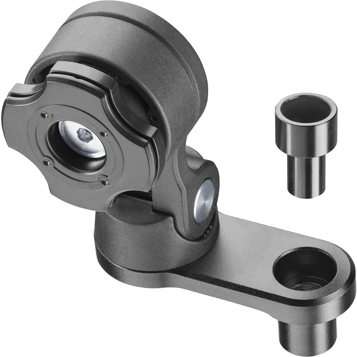 Dunkelgraues mechanisches Bauteil mit rundem Kopf und langem Arm, plus zylindrischem Teil.