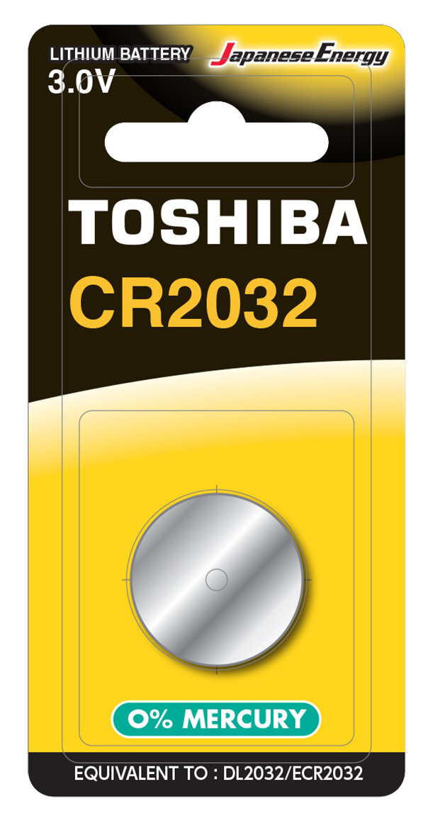 Bateria litowa Toshiba CR2032 w blistrze. To mała, okrągła, srebrna bateria. Opakowanie jest żółte.