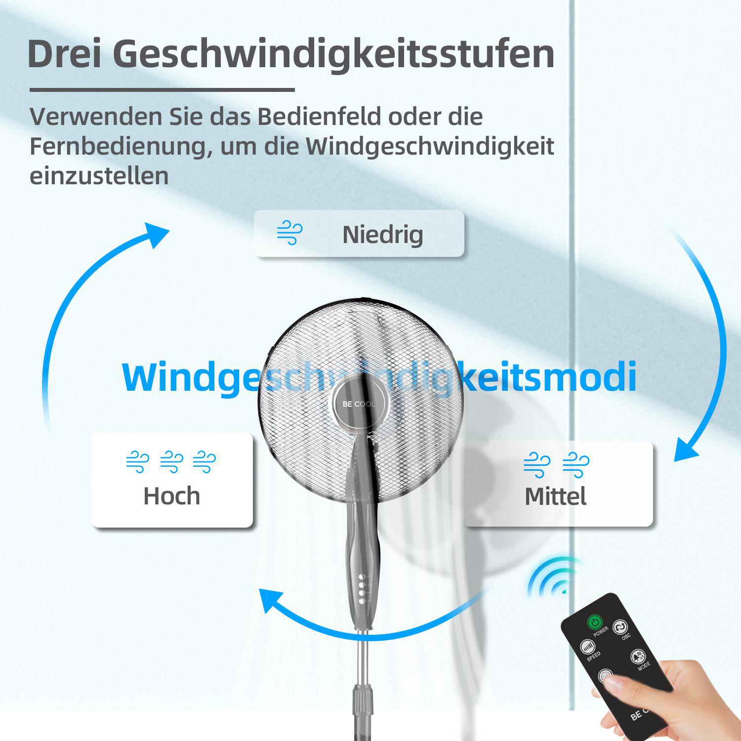 Ventilator mit 3 Geschwindigkeitsstufen. Steuerung per Tasten oder Fernbedienung.