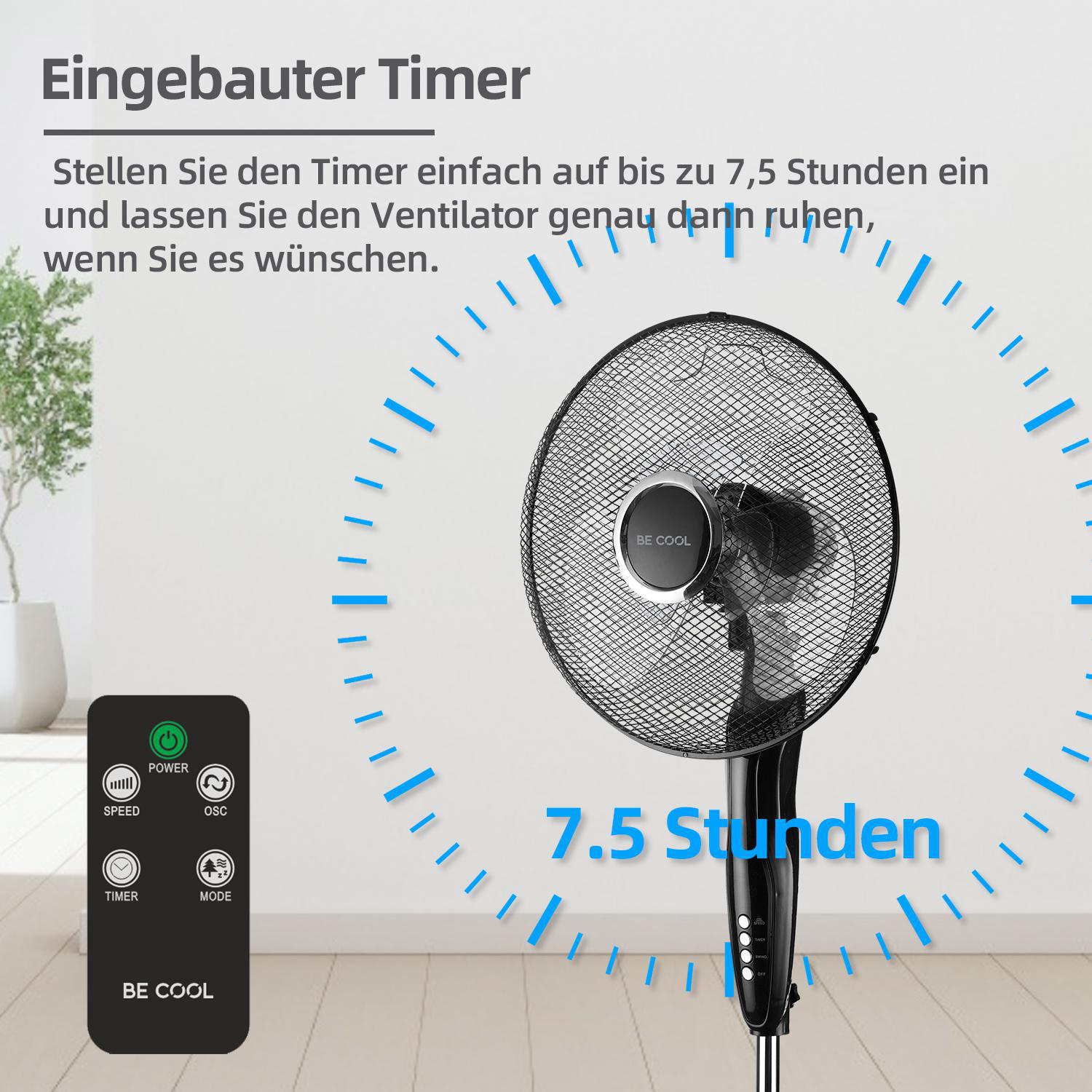 Schwarzer Ventilator mit Fernbedienung. Auf dem Ventilator steht 7,5 Stunden. Die Fernbedienung hat 4 Tasten.