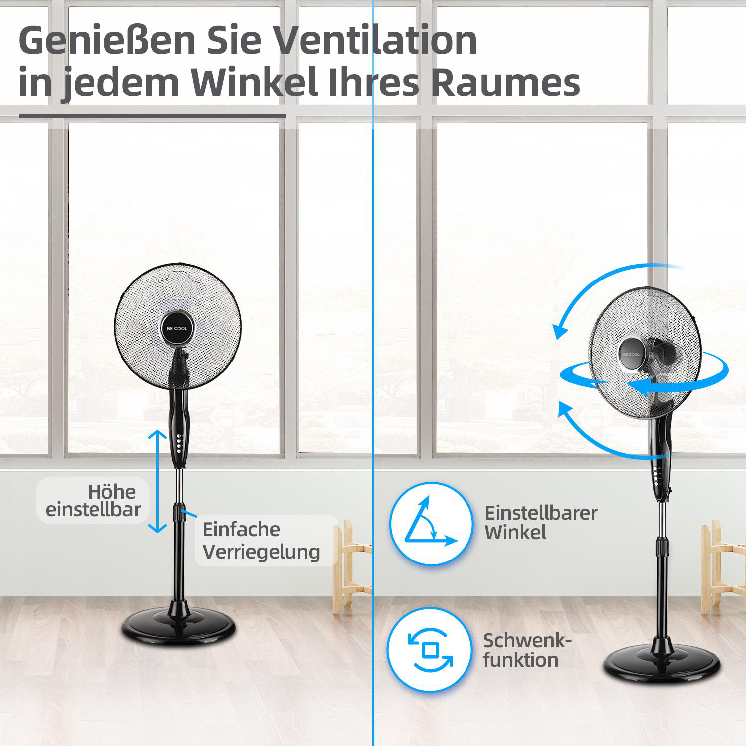 Zwei Bilder eines schwarzen Standventilators. Anweisungen und Diagramme sind auf Deutsch. Der Ventilator ist in Höhe und Winkel verstellbar.