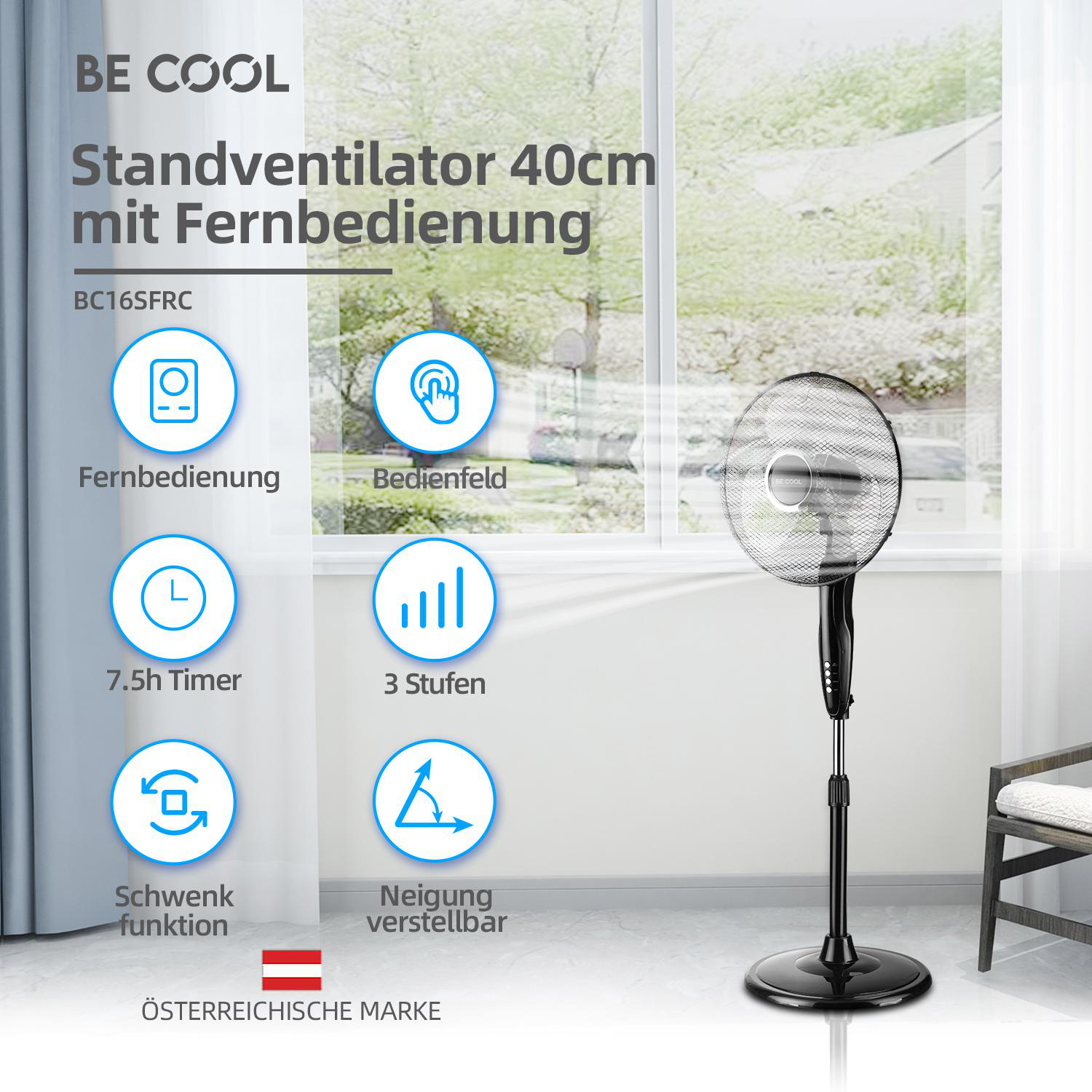 Ein schwarzer Standventilator mit Bedienfeld und Fernbedienungssymbolen, im Hintergrund ein Fenster.