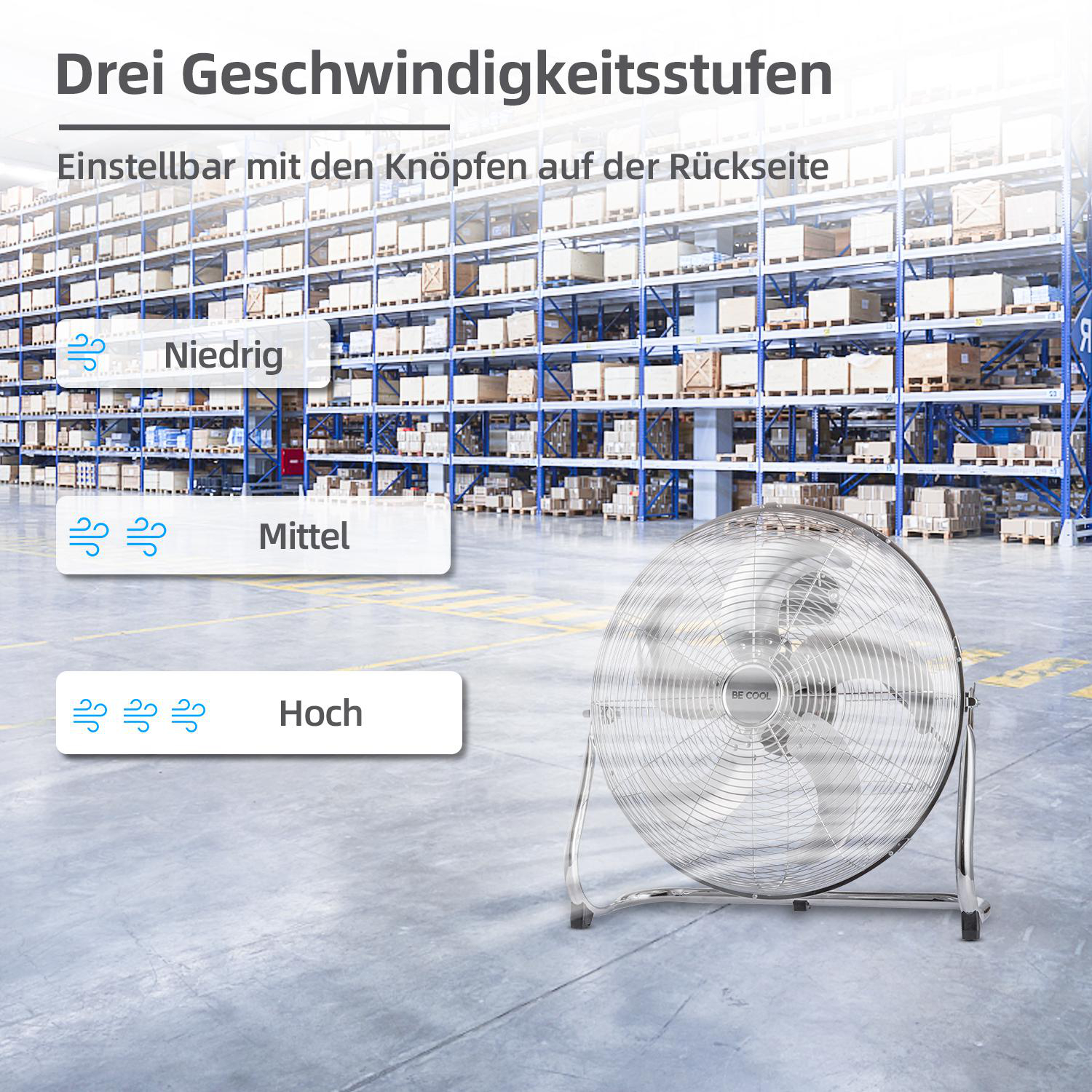 Ein großer silberner Ventilator in einem Lagerhaus. Drei Geschwindigkeitseinstellungen sind beschriftet: Niedrig, Mittel und Hoch.