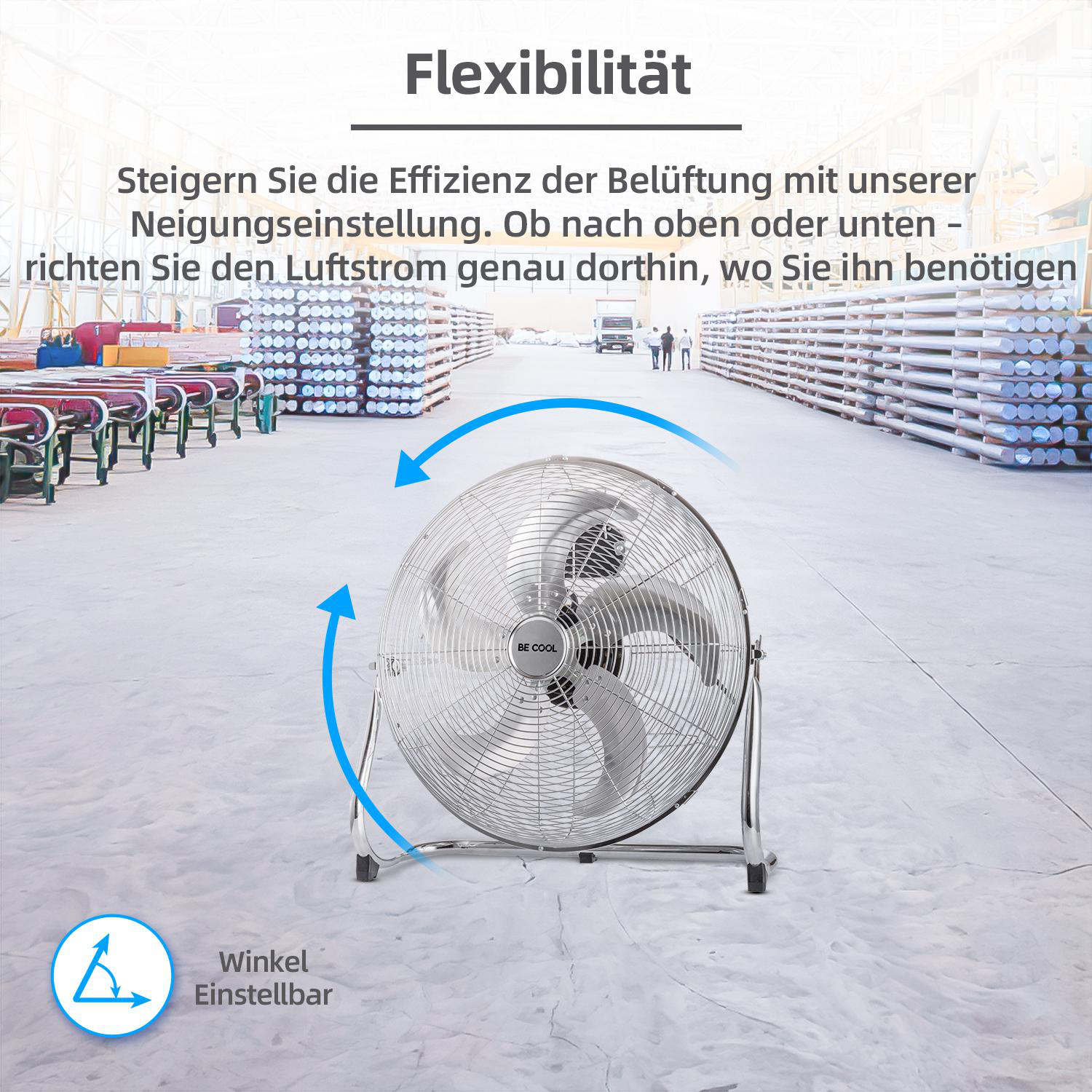 Ein silberner Ventilator mit blauen Pfeilen, die den einstellbaren Winkel zeigen. Text: Flexibilität. Steigern Sie die Effizienz...