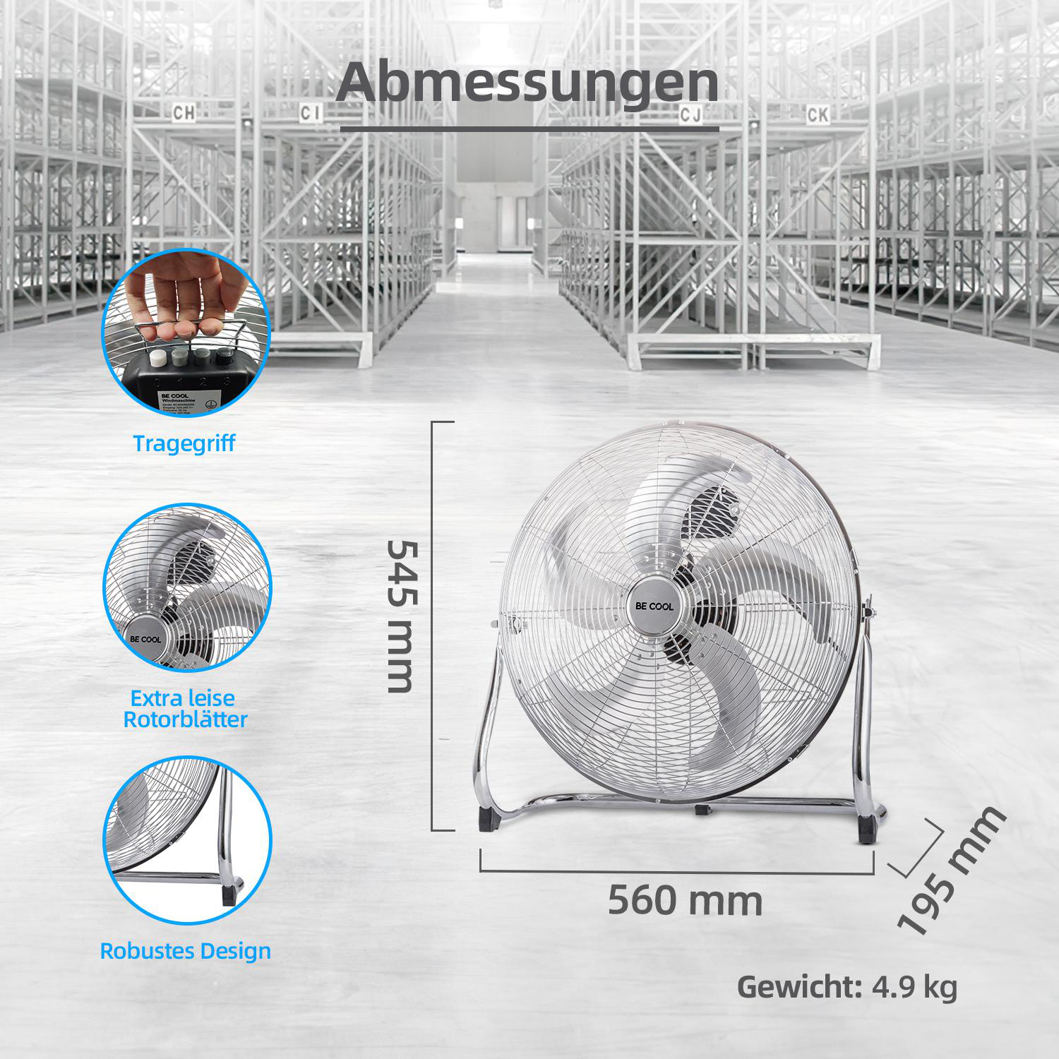 Ein silberner Ventilator mit Abmessungen und Beschriftungen auf Deutsch. Zeigt Details des Designs.