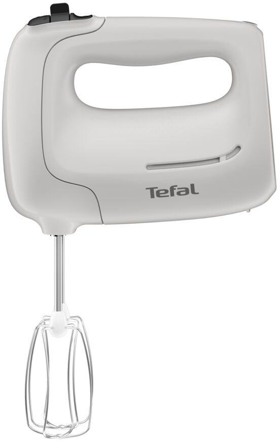 Fehér kézi mixer ezüst habverővel, Tefal logóval.
