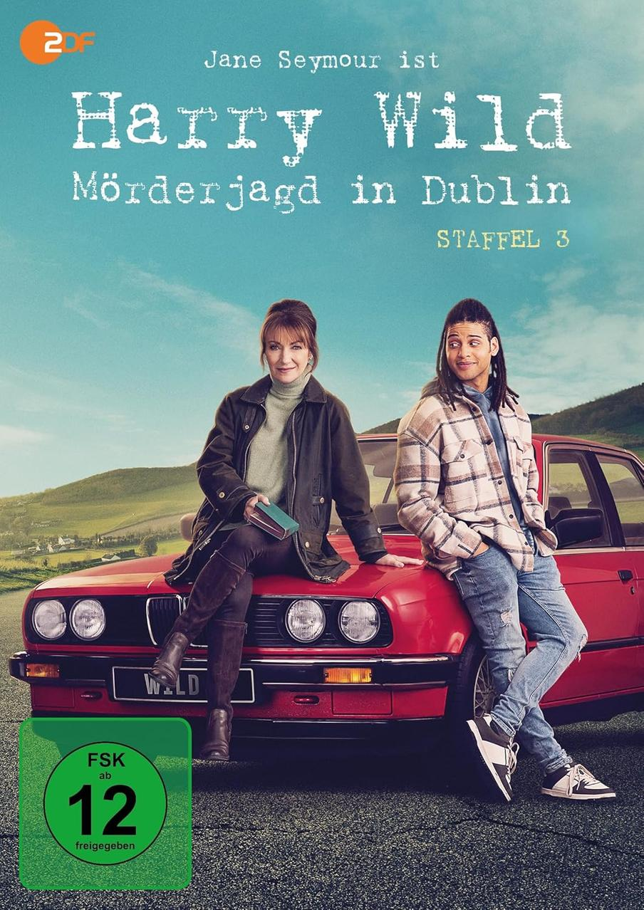 Filmposter: Zwei Personen sitzen auf einem roten Auto. Text: 'Harry Wild', 'Mörderjagd in Dublin' und 'Staffel 3'.