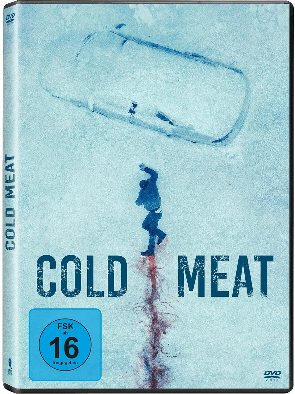 DVD-Hülle des Films 'Cold Meat'. Eine Person in blauem Mantel auf Schnee.