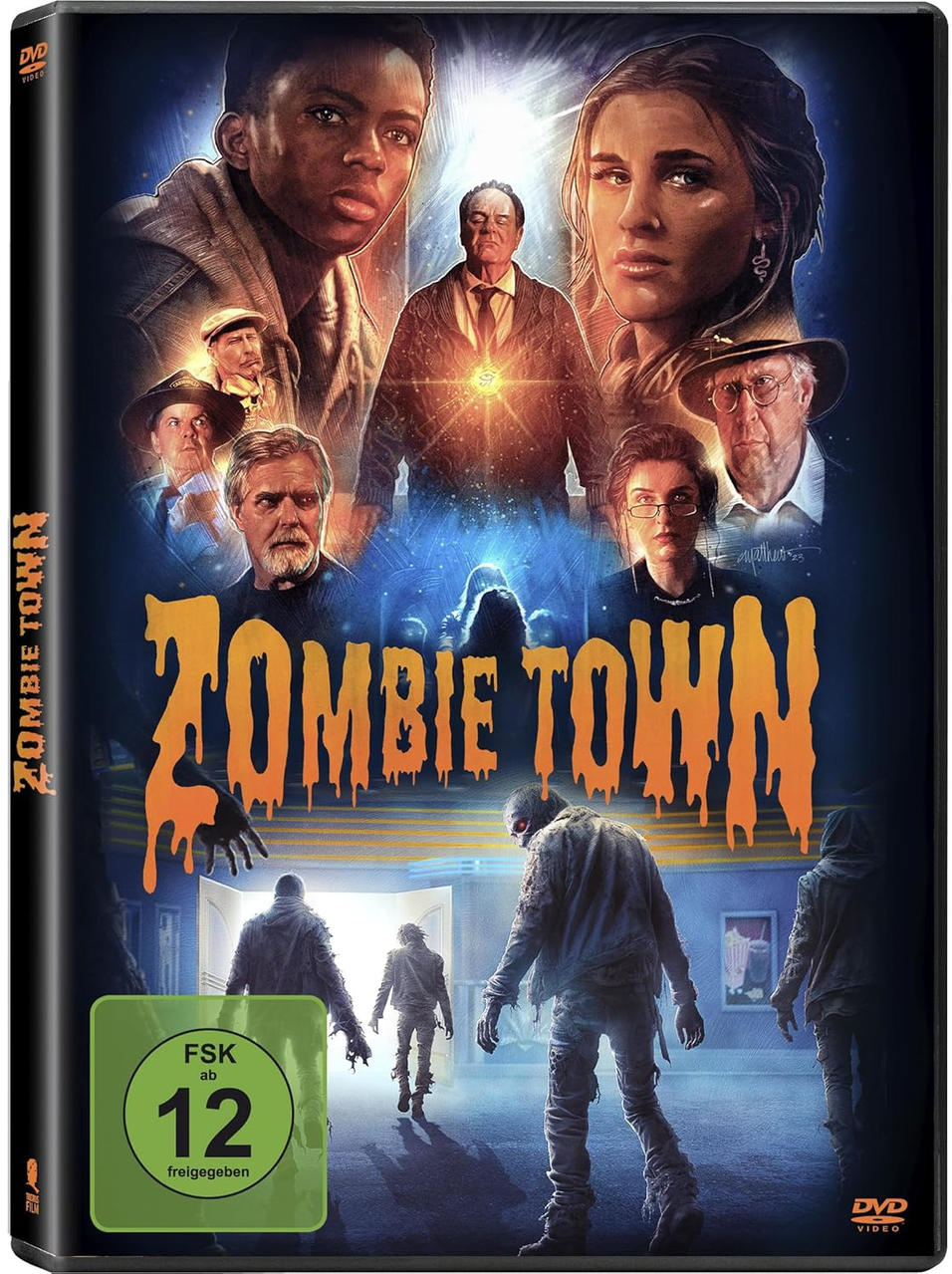DVD-Cover für den Film 'Zombie Town' mit einer Gruppe von Menschen und Zombies.