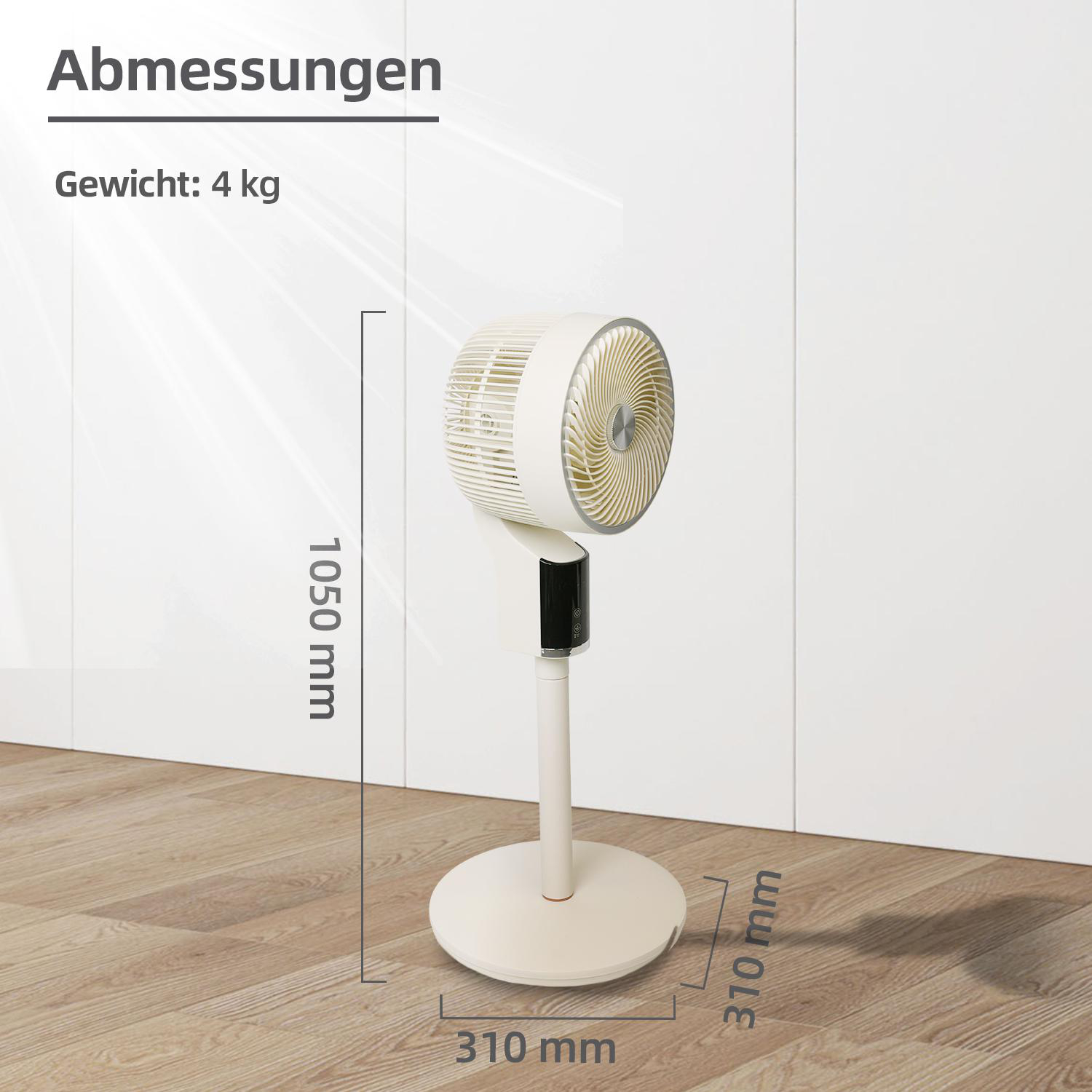 Ein weißer Standventilator mit Abmessungen und Gewicht auf einem Holzboden.