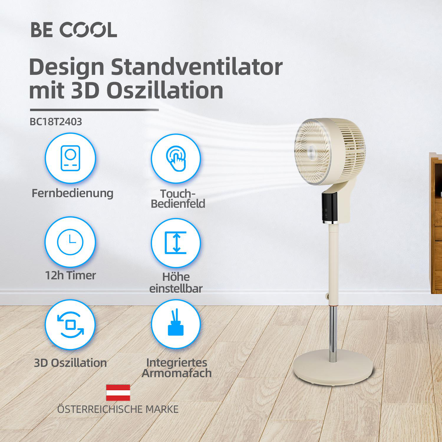 Ein beiger Standventilator mit Symbolen für Fernbedienung, Timer und andere Funktionen.