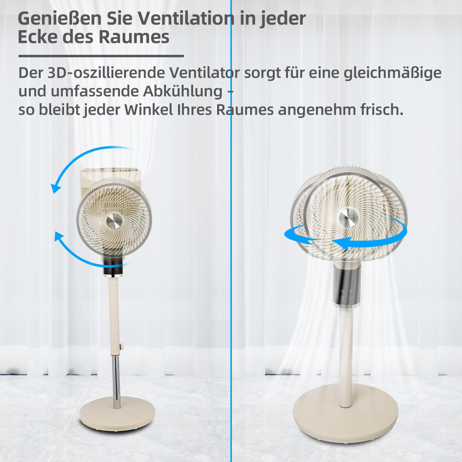 Zwei weiße Ventilatoren mit gebogenen Flügeln; Text beschreibt 3D-Oszillation und kühle Luft.