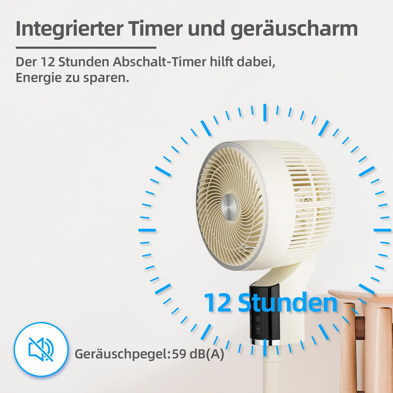 Ein weißer Ventilator mit digitaler Anzeige, die Timer und Geräuschpegelinformationen anzeigt.