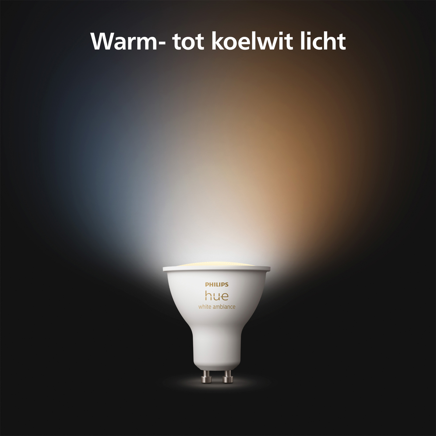 A Philips Hue lightbulb shining with a mix of warm and cool white light.