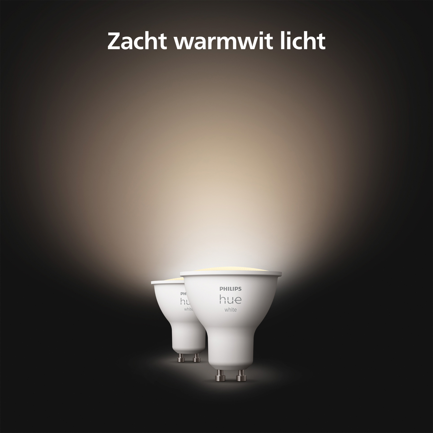 Two white light bulbs, labeled 'Philips Hue,' emit warm white light against a dark background.