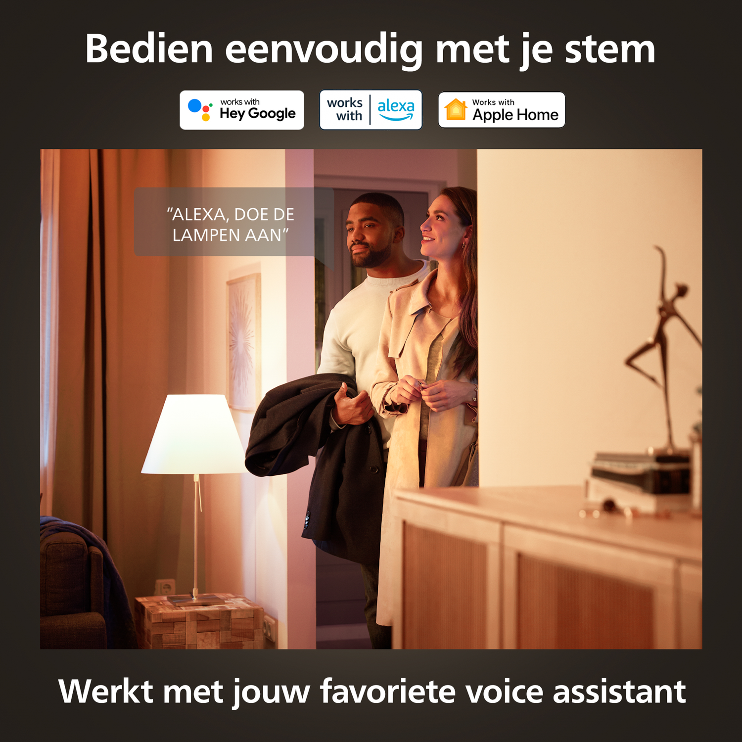 People in a room with smart lights, using voice control.