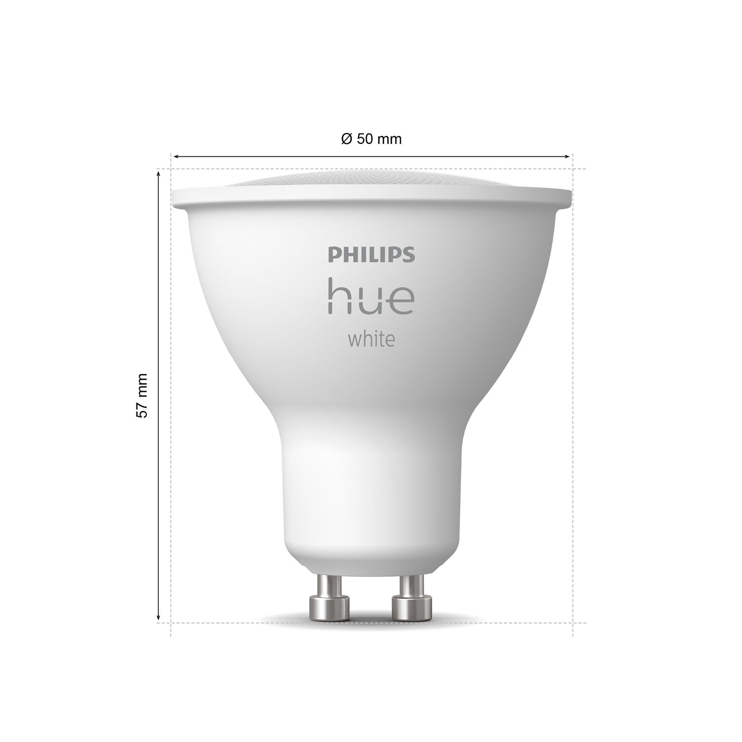 White Philips Hue light bulb. Dimensions: 57mm high and 50mm diameter, on a white background.
