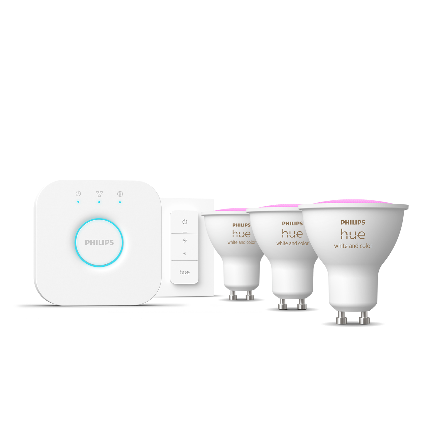 Witte Philips Hue smart home kit: bridge, afstandsbediening en drie slimme lampen.