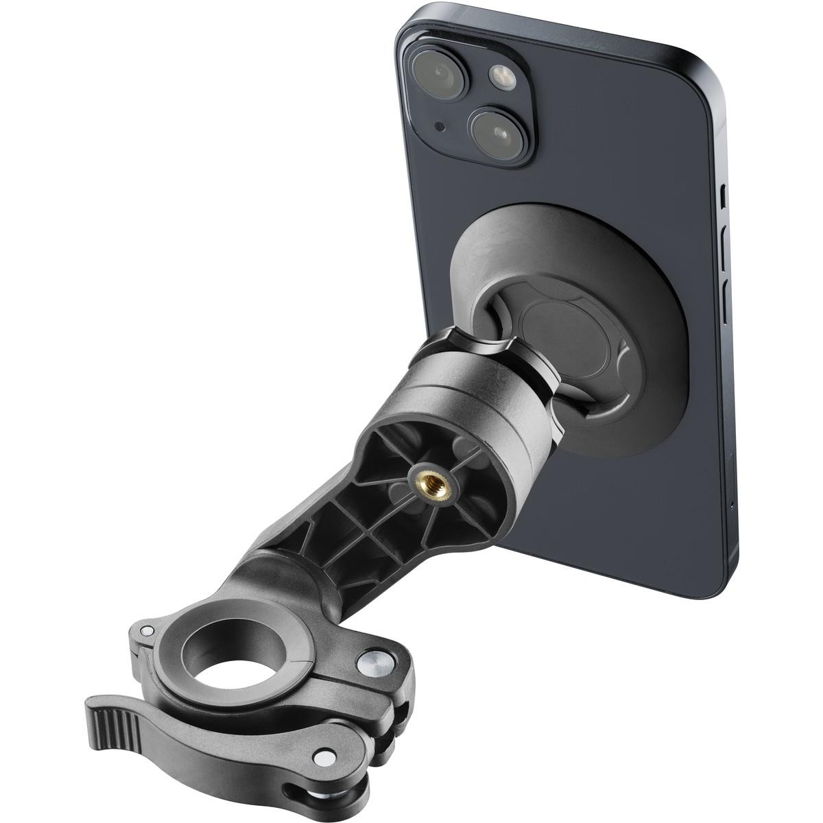 Ein Telefon, das an einer Halterung befestigt ist. Die Halterung wird an einem Lenker befestigt. Die Klemme ist sichtbar.