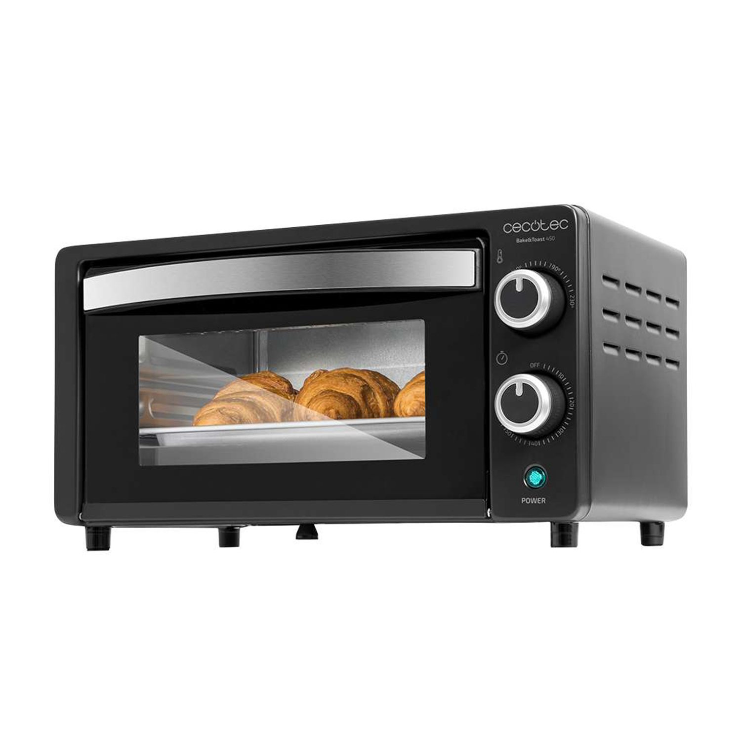 Forno nero con croissant all'interno, comandi a destra.