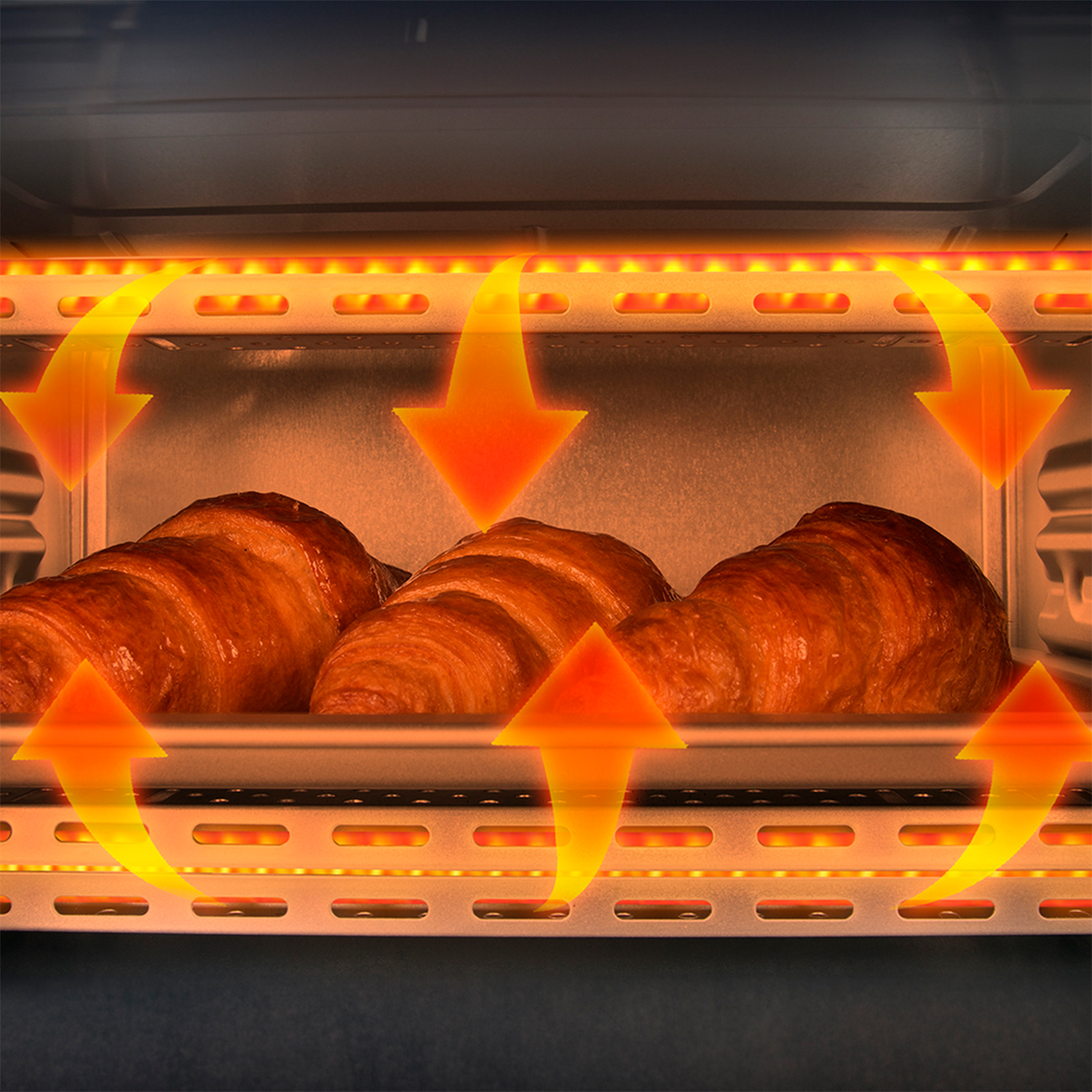 Cornetti che cuociono in un forno con frecce che mostrano la circolazione del calore.