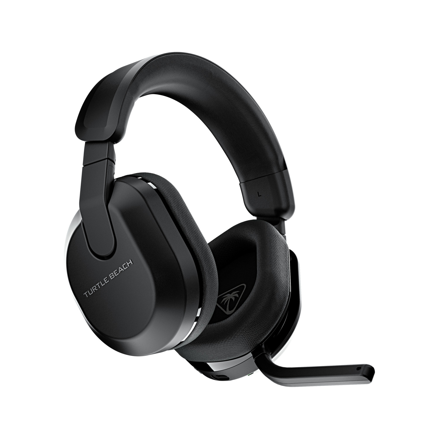 Zwarte Turtle Beach-hoofdtelefoon. De hoofdtelefoon staat op een witte achtergrond.