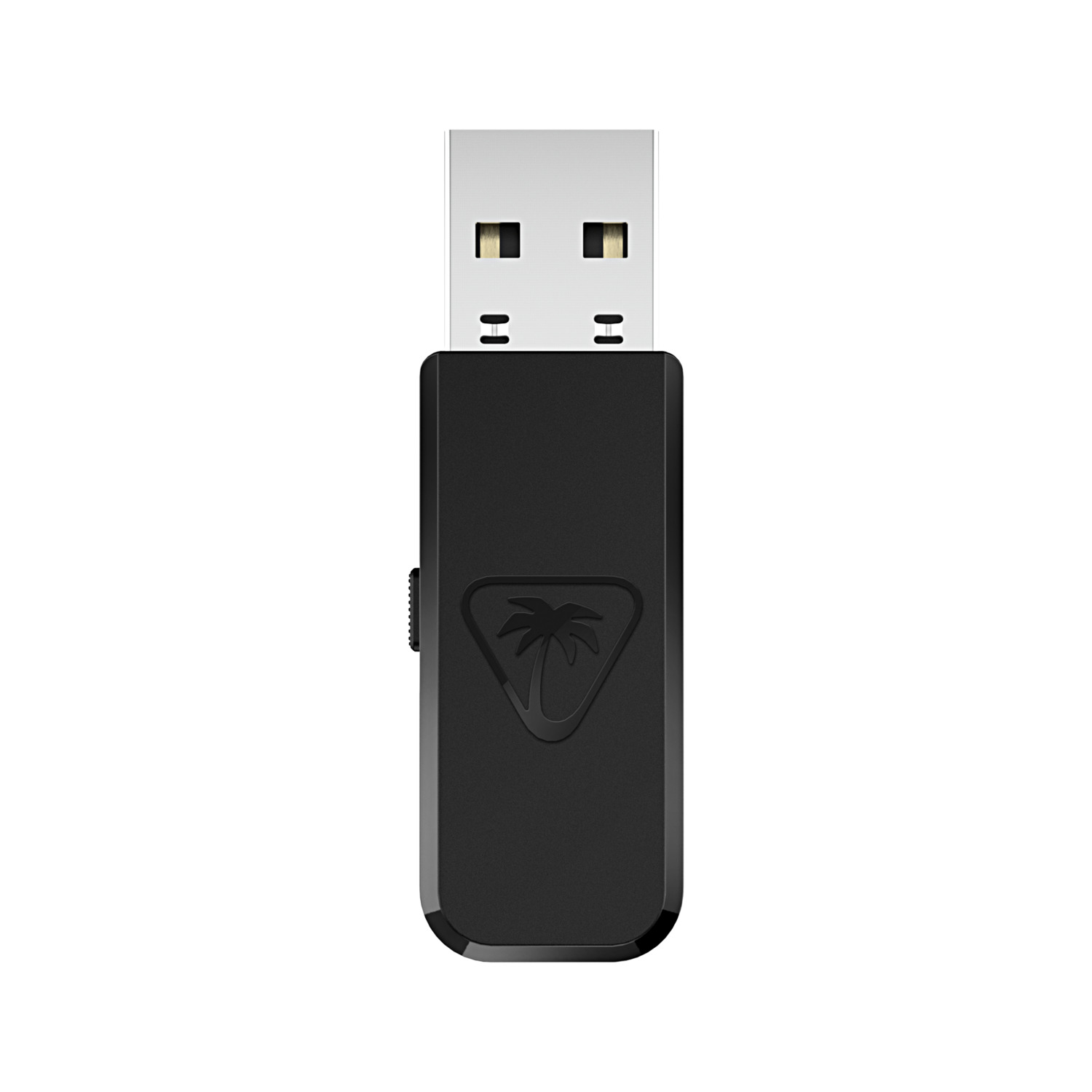 Een zwarte USB-stick met een palmboomlogo en een zilveren USB-connector.