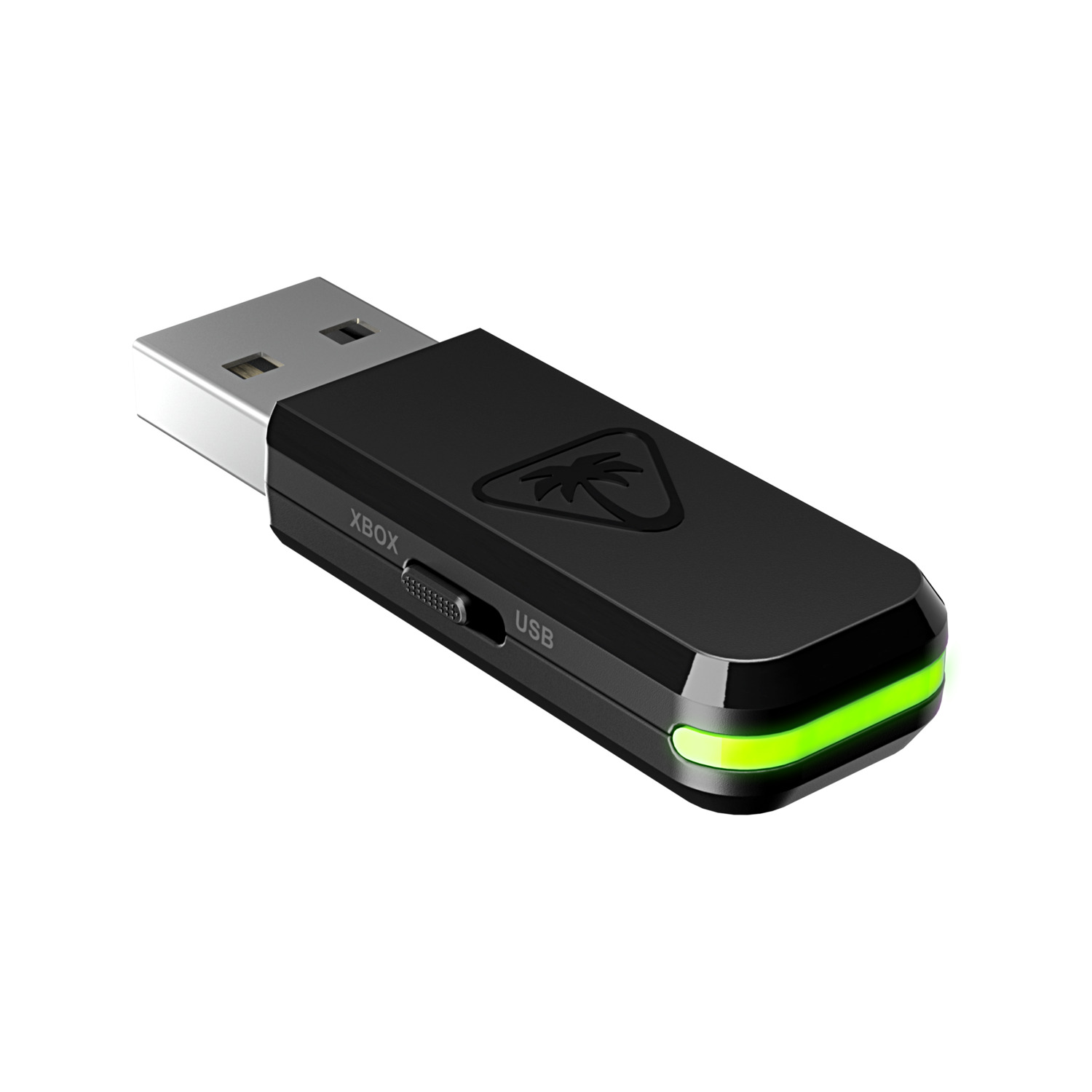 Zwarte USB-dongle voor Xbox. Groen licht en schakelaar aan de zijkant. Xbox en USB gemarkeerd.