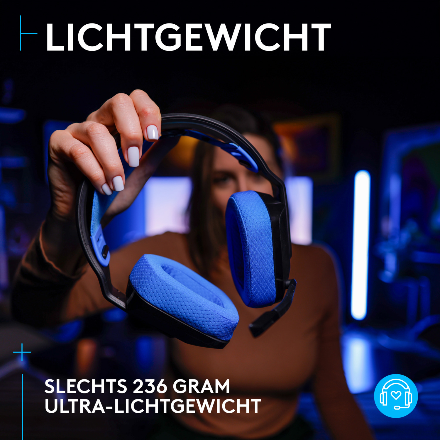 A woman holds a blue and black headset. Text says ultra-lightweight.