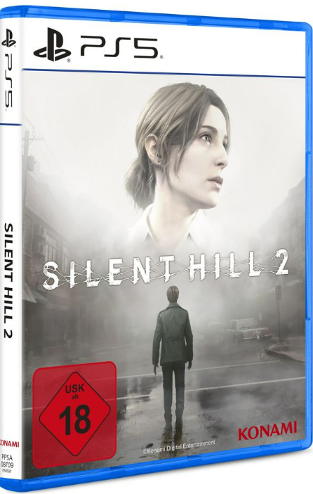 Cover-Art für 'Silent Hill 2' auf PS5, mit Frauengesicht und Mann auf der Straße.
