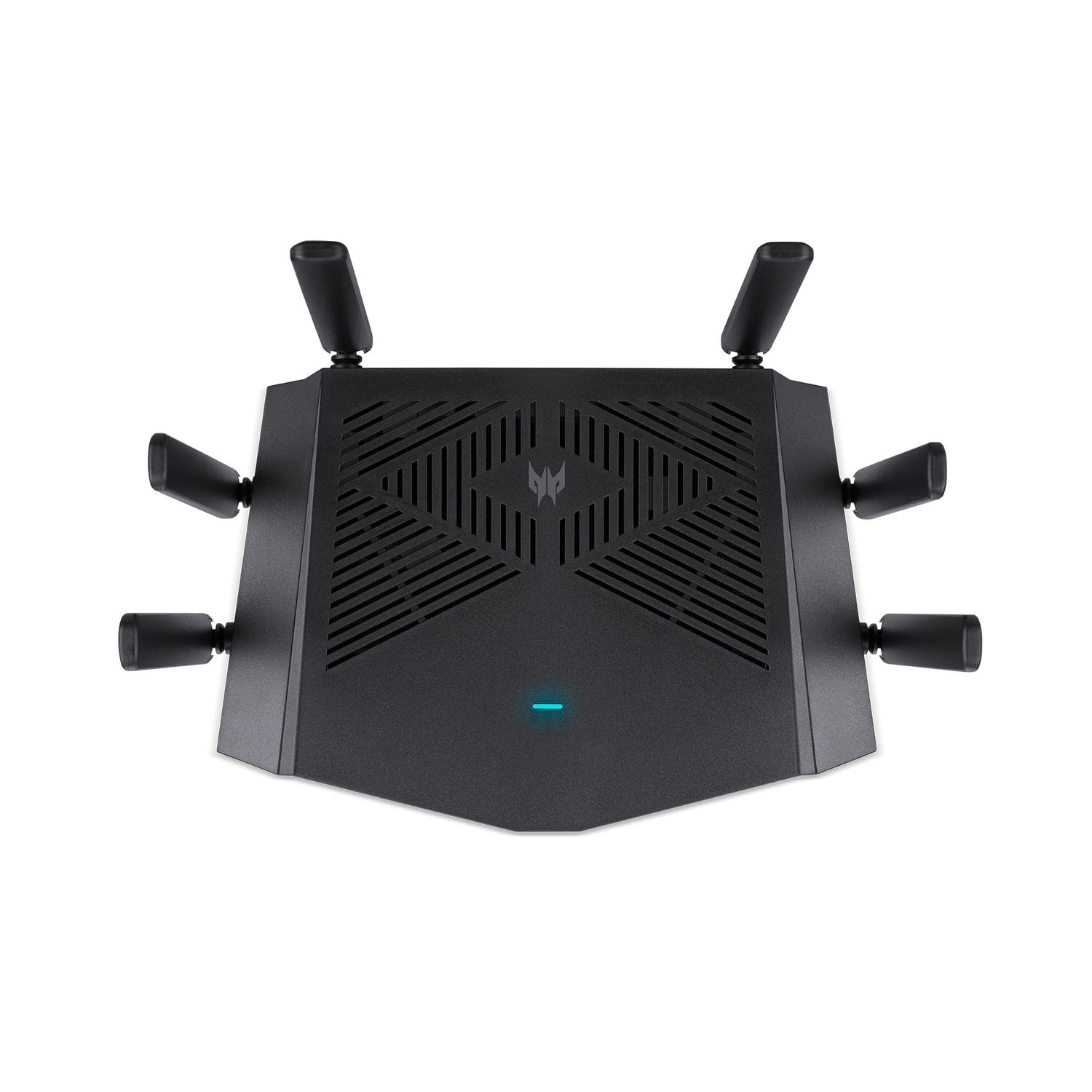 Routeur noir avec antennes. Il possède six antennes et un logo. Il est posé sur un fond blanc.