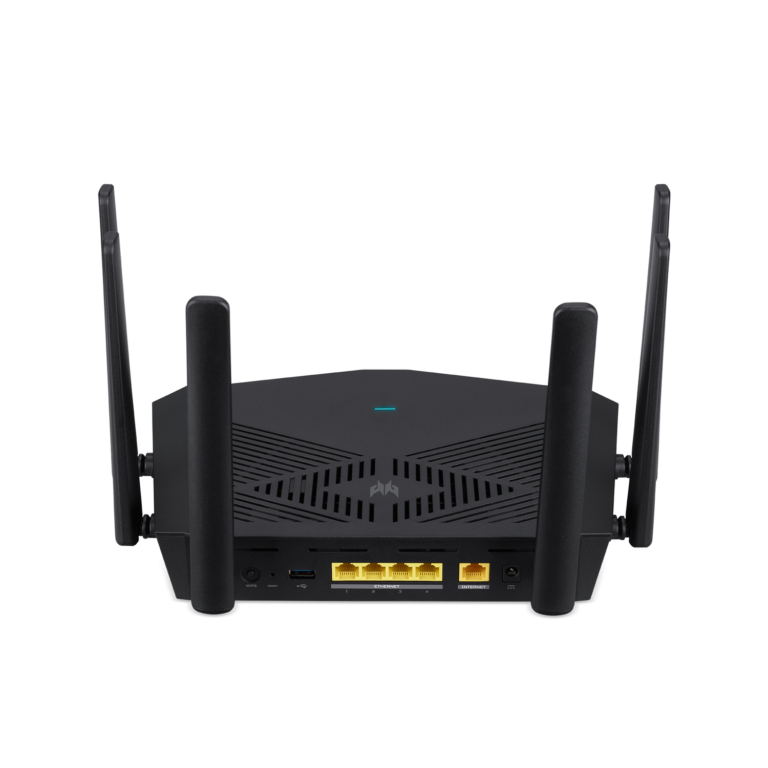 Routeur noir avec antennes, ports visibles.