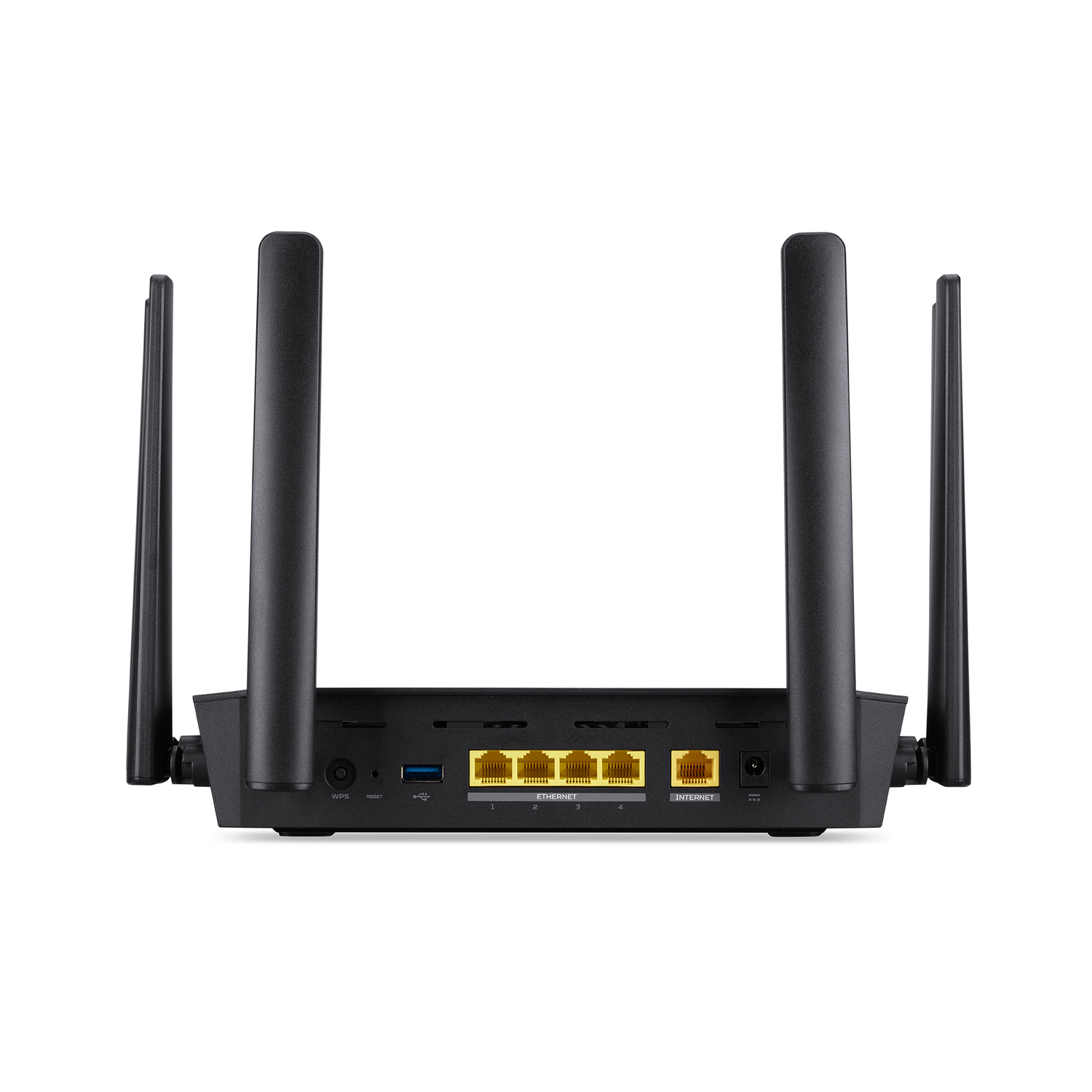 Un routeur noir avec antennes, affichant ports et connexions, isolé sur fond blanc.