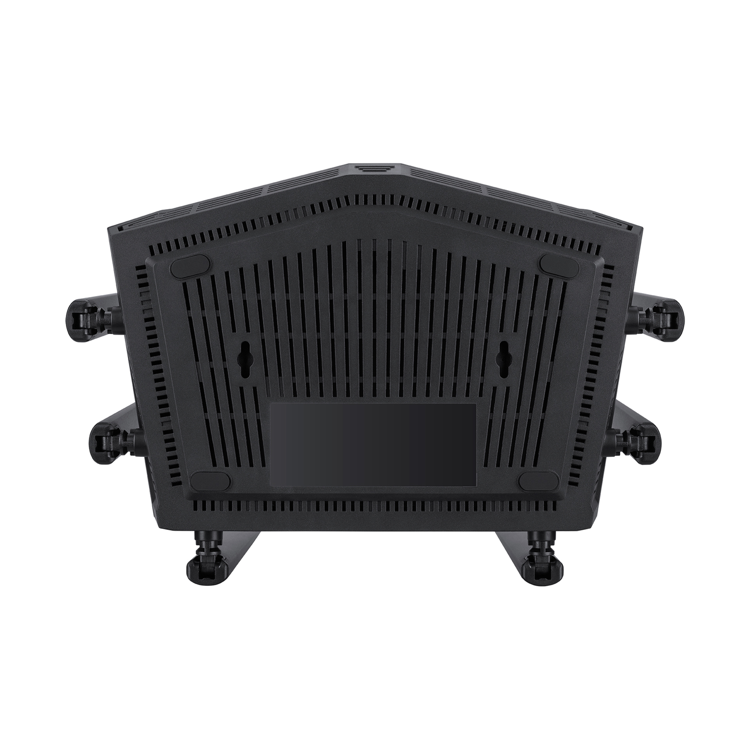 Vue de dessous d'un routeur noir avec plusieurs antennes et des fentes de ventilation.